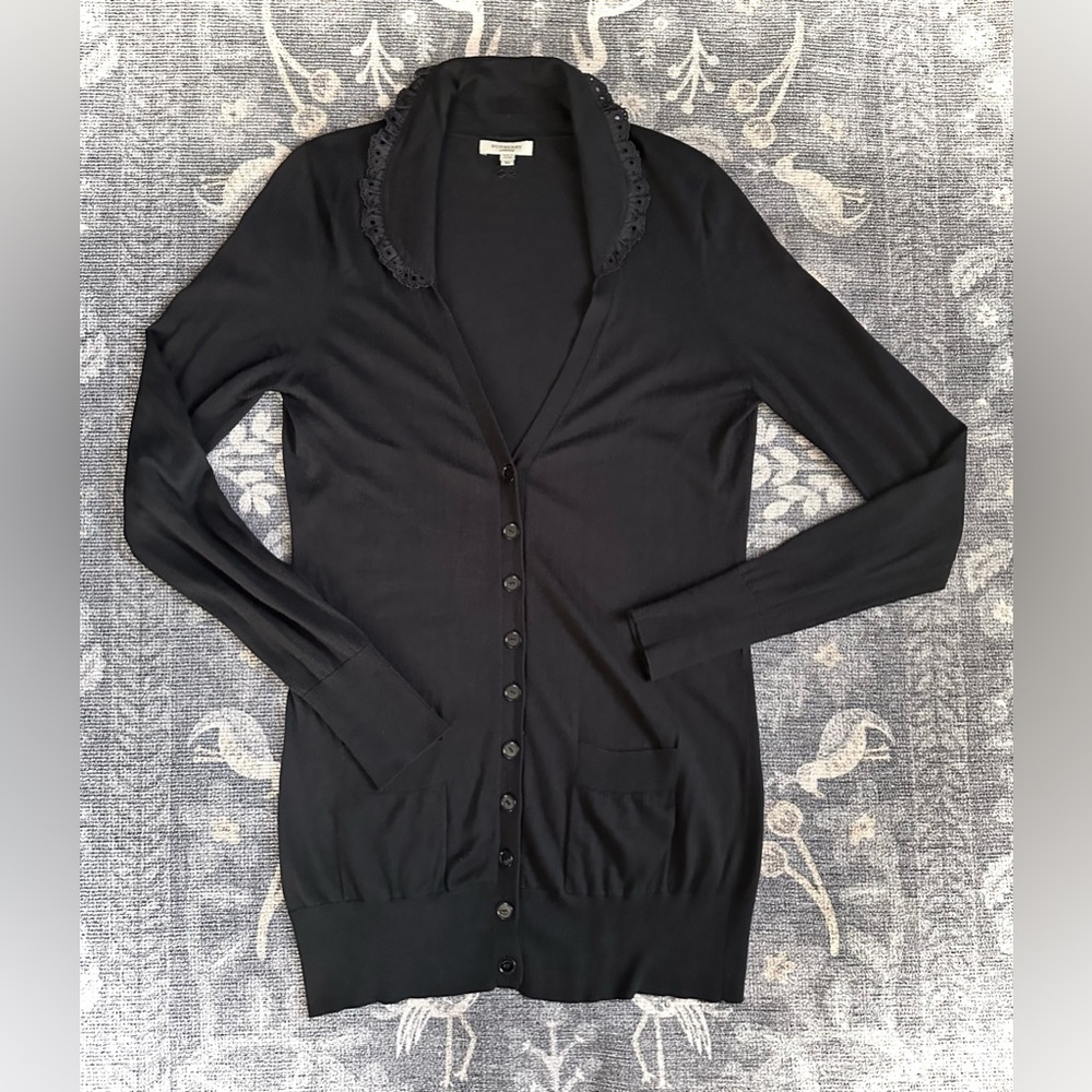 Burberry Black Lace-Trim Collar Tunic Length Cardigan